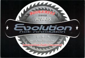 Evolution Not Revolution Dungarees advertising postcard