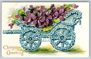 Christmas Greeting, Floral Cart, Flowers, Antique 1909 Embossed Postcard