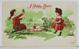 Happy Easter Children With Eggs & Cute Pull Toy  Postcard N12