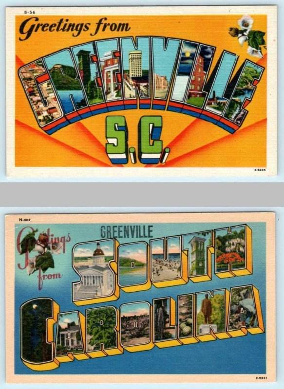 2 Large Letter Linens GREENVILLE, South Carolina SC ~ 1940s Asheville Postcards