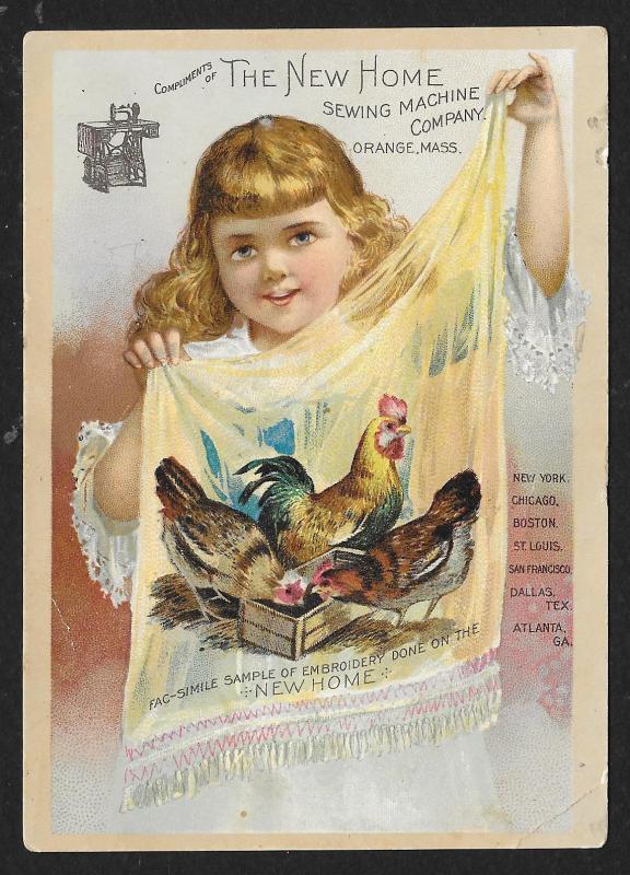 VICTORIAN TRADE CARD New Home Sewing Co Girl Holding Cloth Fac-Simile Sample