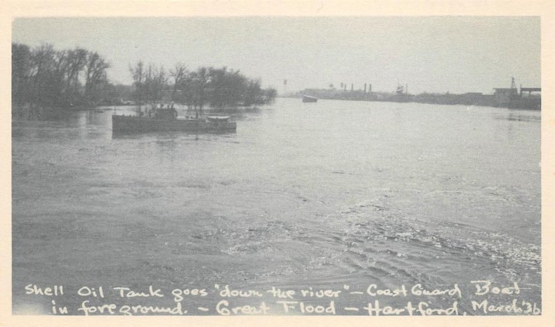 Shell Oil Tank & Coast Guard Boat, Hartford, CT 1936 Flood Vintage Postcard