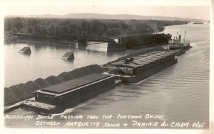 Vintage Postcard 1920's Mississippi Barge Passing Thru The Pontoon Bridge RPPC