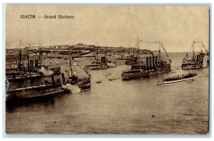 c1910 View of Steamboat Ship Grand Harbour Malta Antique Unposted Postcard