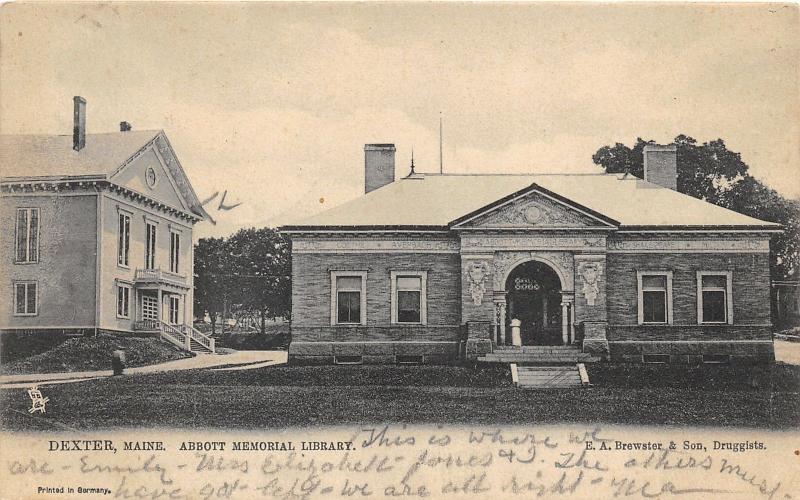 Dexter Maine~Abbott Mem Library~Goethe-Averbach-Shakespeare-Milton on Side~1906