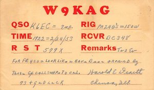 W9KAG Chenoa, Ill., USA QSL 1953 