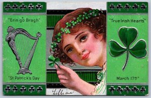 K50/ St Patrick's Day Holiday Postcard c1910 Nash Pretty Girl Harp 127
