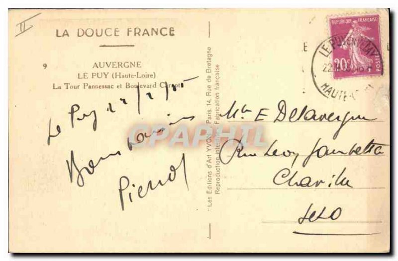 Old Postcard Le Puy Haute Loire Auveragne Pannessac Tower and Boulevard
