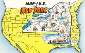 New York~United States Map~Exaggerated NY State Map~Lady Liberty~1950s Postcard 