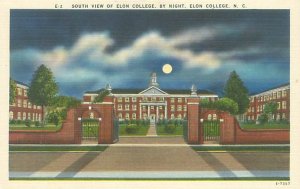 Elon College, North Carolina College by Night  Linen Postcard Unused