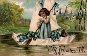Happy Birthday Girl In A Flower Boat Embossed Vintage Postcard 08.98