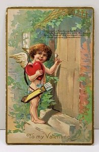 Valentine Cupid Someones Knocking Delivering Heart 1909 Rhode Island Postcard A2
