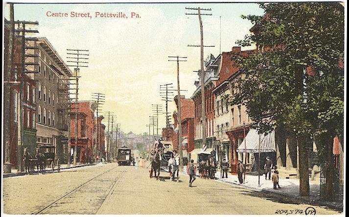 Pottsville PA Centre Street View Trolley Horse & Wagon Storefronts Postcard