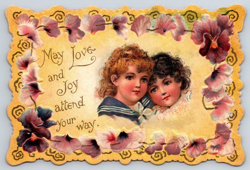 Brundage Valentine~Blonde Brunette Sailor Girls~Purple Flowers~Emb Die-cut~c1900