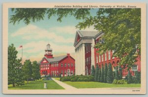 Wichita Kansas ~Administration Bldg & Library At University~1940s Linen Postcard