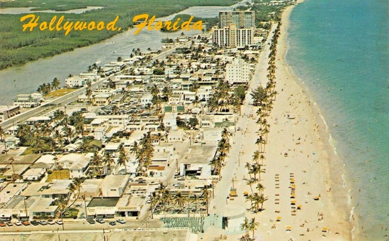 HOLLYWOOD FLORIDA~BIRDS EYE VIEW OF HOLLYWOOD BEACH~AERIAL VIEW POSTCARD