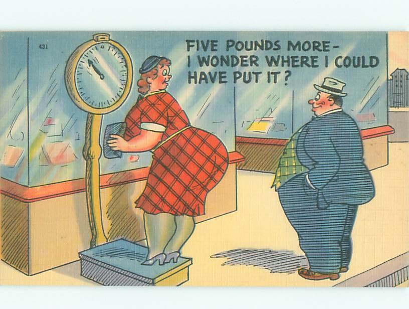 Linen Comic Chubby Fat Woman Using Antique Scale Ac0099 Topics Cartoons And Comics Cartoons 8754