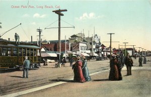 Postcard Ocean Park Ave. Long Beach CA Man Climbs on Trolley Red Car Rieder