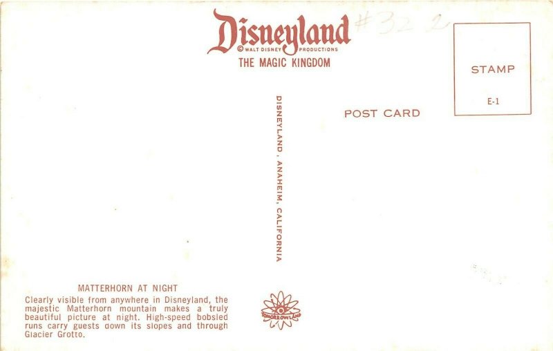 DISNEYLAND Anaheim California 1950-60s Postcard Matterhorn At Night