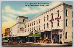 Ocala Florida~Main St Business Section~Hotel~Signs~Cars~Linen 1940s Postcard