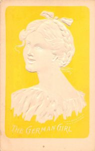 The German Girl Embossed Yellow Background Lounsbury Vintage Postcard AA50037