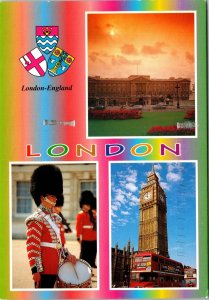 CONTINENTAL SIZE POSTCARD MULTICOLOUR TRIPLE VIEW OF LONDON UK LANDMARKS