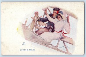 Signed Artist Postcard Couple Romance Airplane Castles In The Air c1910's
