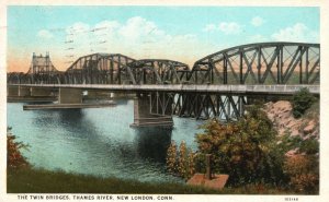 Vintage Postcard 1926 Twin Bridges Thames River New London Connecticut C.T.A.