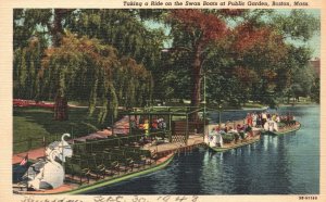 Vintage Postcard Taking a Ride Swan Boats at Public Garden Boston Massachusetts