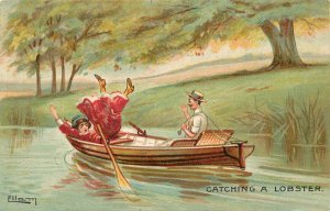 Postcard A/S Ellam Catching A Lobster. Couple in Canoe Woman Tumbles E.F.A. 997