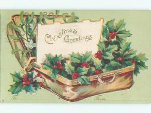 Pre-Linen christmas HOLLY AND MISTLETOE IN ANTIQUE SUITCASE W6898