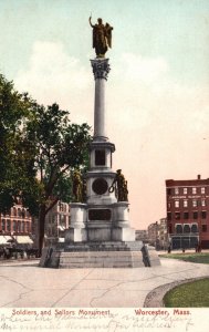 Vintage Postcard Soldiers & Sailors Monument Statue Worcester Massachusetts MA