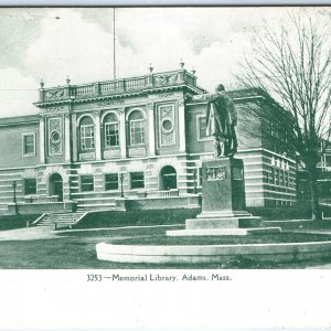 UDB c1900s Adams, MA Memorial Library Monument Souvenir Post Card Photo A120