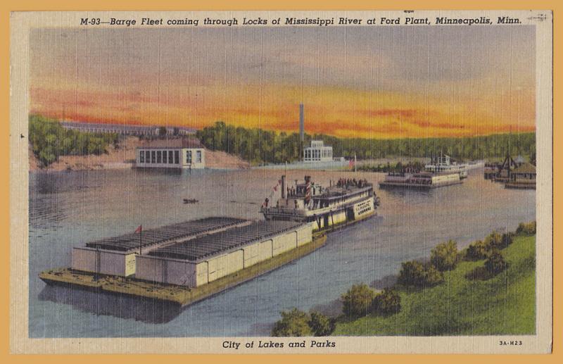 Minneapolis, Minn, Barge Fleet at the locks of the Mississippi @ Ford Plant-1952