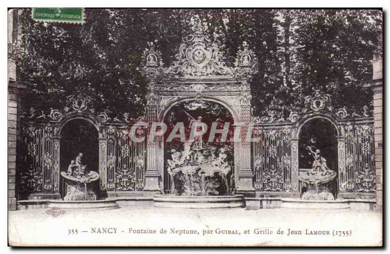 Old Postcard Nancy Neptune fountain by Guibal and grid Jean Lamour