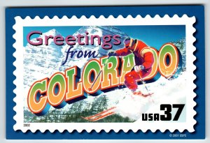 Greetings From Colorado Large Letter Chrome Postcard Unused USPS 2001 Skiing Man