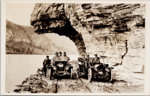 Vaseux Lake BC The Rock Cut Autos People near Kelowna Hwy #97 RPPC Postcard G53