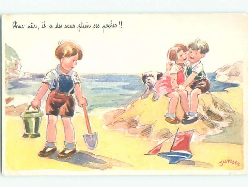 Pre-1980 foreign signed DOG WITH FRENCH GIRL AND BOY ON SAND CASTLE k6516