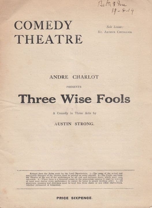 Three Wise Fools Comedy Theatre London 1919 Programme