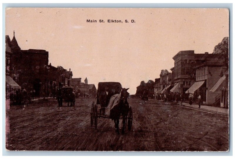 Elkton South Dakota SD Postcard Main Street Horse Carriage Buildings Road c1910