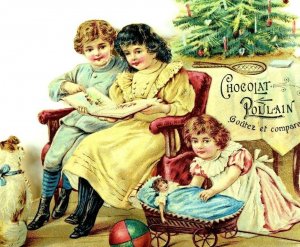 1880's Superb Christmas Scene Doll Tree Candles Kids Chocolat Poulain Die Cut *R