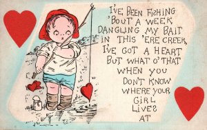 Vintage Postcard Valentines Little Boy Went Fishing Catches A Heart Greetings