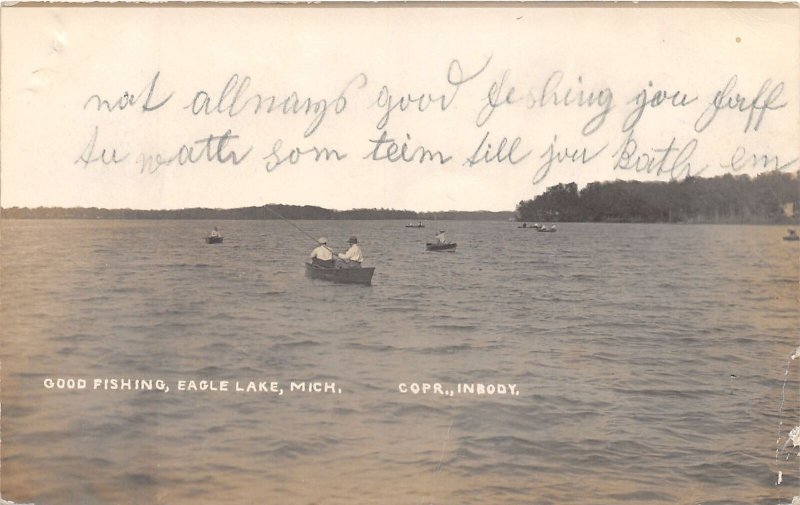 J59/ Eagle Lake Michigan RPPC Postcard c1910 Boats Fishing Shore  364