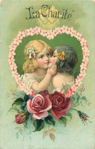 Lovely kissing girls La Charite blossom floral hear roses fantasy greetings 1906