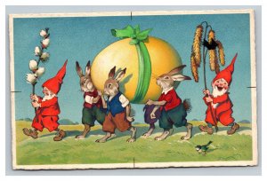 Vintage 1970's Easter Postcard Cute Bunnies & Elves Carry Giant Easter Egg
