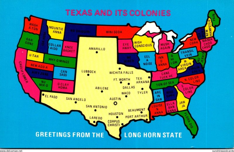 Texas Greetings From The Long Horn State Map Of Texas and Its Colonies