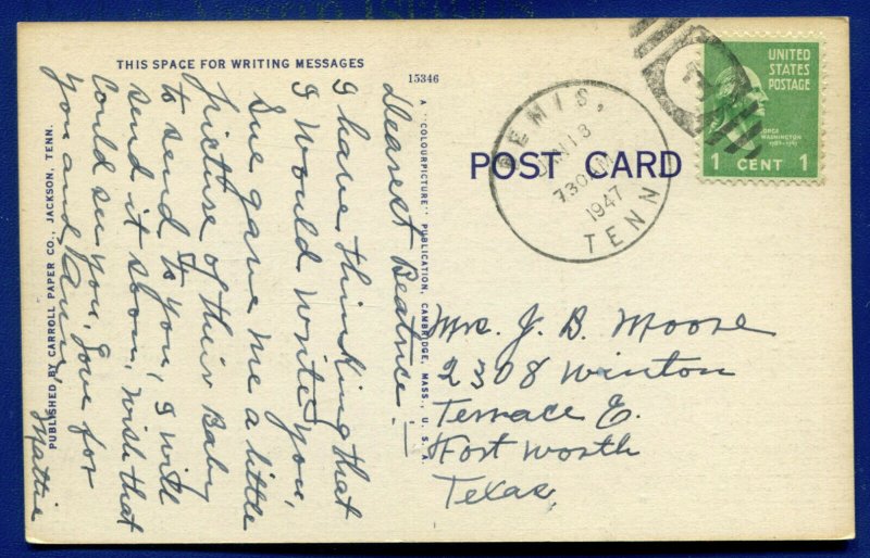 Jackson, Tennessee tn High School Linen old Postcard postmarked 1947