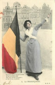 UDB Hand-Colored Postcard 5. La Brabançonne Belgium Nat'l Anthem Lady & Flag