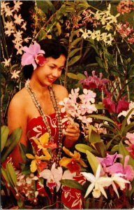 Vtg 1960s Lovely Sarong Clad Maiden Woman Orchids Hawaii HI Postcard