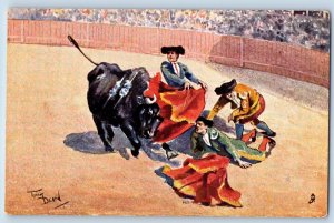 Bavaria Germany Postcard Man Fall Down in a Bull Fight c1910 Oilette Tuck Art